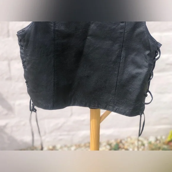 Vintage 90s grunge punk biker black leather side lace up leather vest - Picture 11 of 11